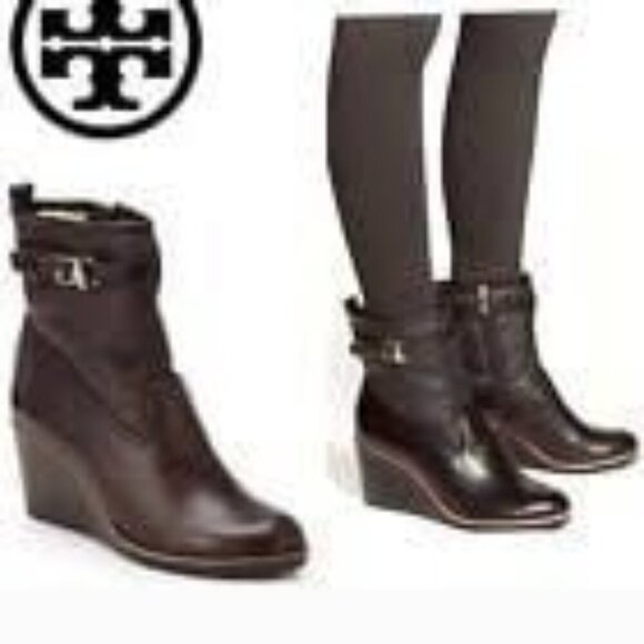 Tory Burch Primrose Wedge Heel Boots Womens 8 Brown Leather Faux Fur Zip Up - Picture 1 of 12